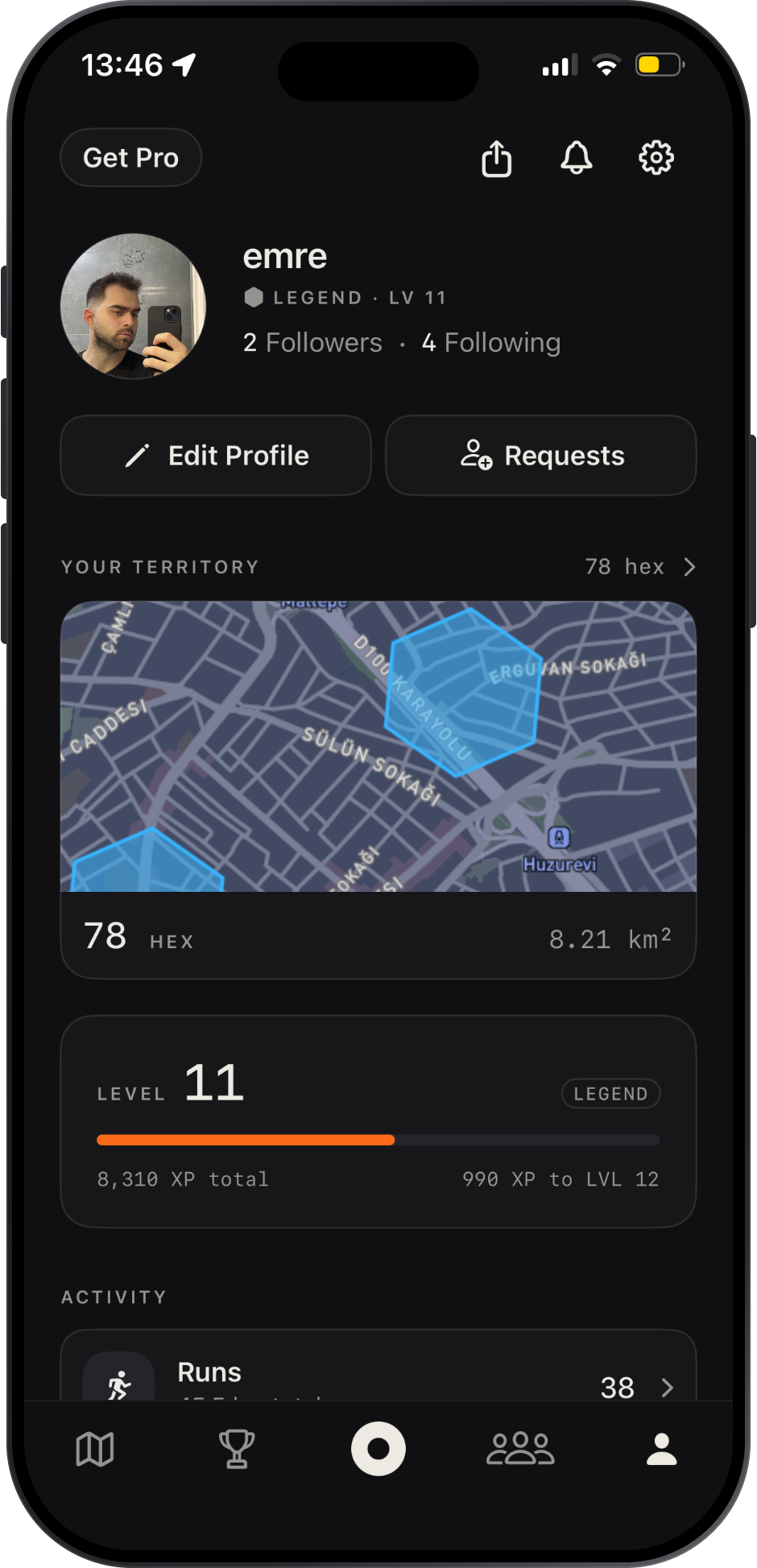 Wibto profile screen showing level, XP, rank and territory stats
