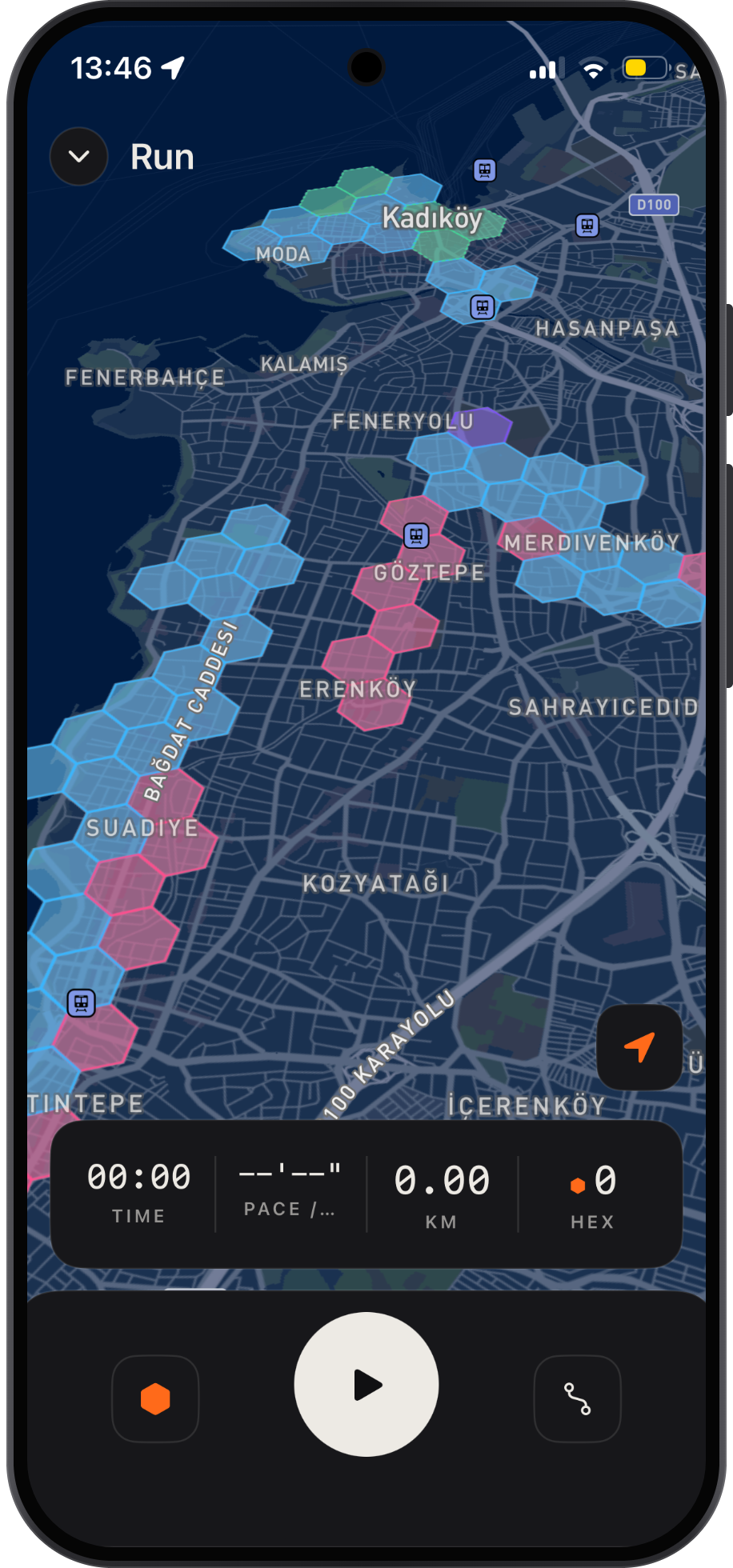 Wibto run screen on an Android phone, showing captured hexagons on the map