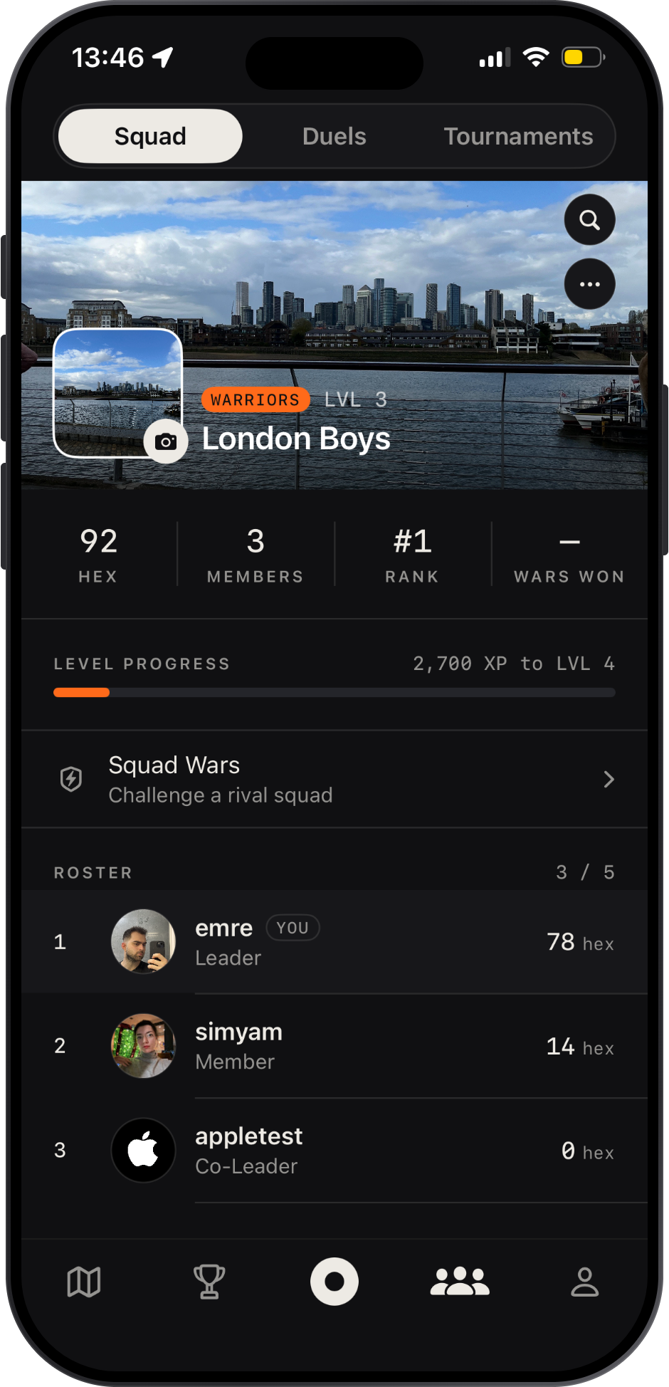 Wibto squad screen with squad members and shared territory
